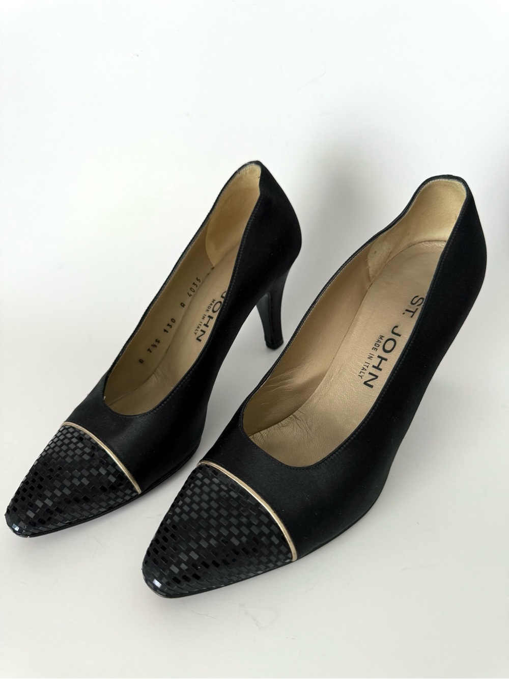 St. John Emily 75 Heels Black Satin Almond Cap Toe Pumps Sequin Embellished
